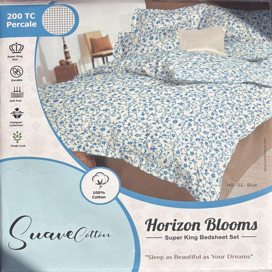 Horizon Blooms King Size Suave Cotton Bed Sheet (HB-02 Blue)